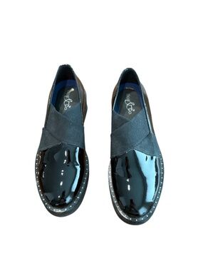 Bos & Co Black Patent Leather Criss Cross Elastic Strap Slip On Loafers 38 (7.5)